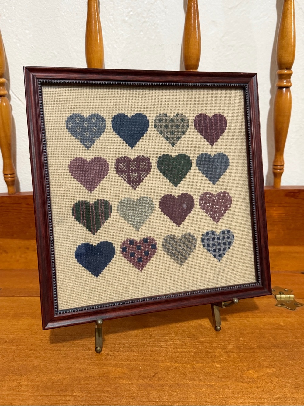 Vintage Needlepoint Heart Sampler Framed Folk Art Cottagecore Wall Decor